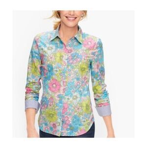 Talbots 3X Vibrant Mod Floral Cotton Button Up Shirt Contrast Cuff Blue Pink